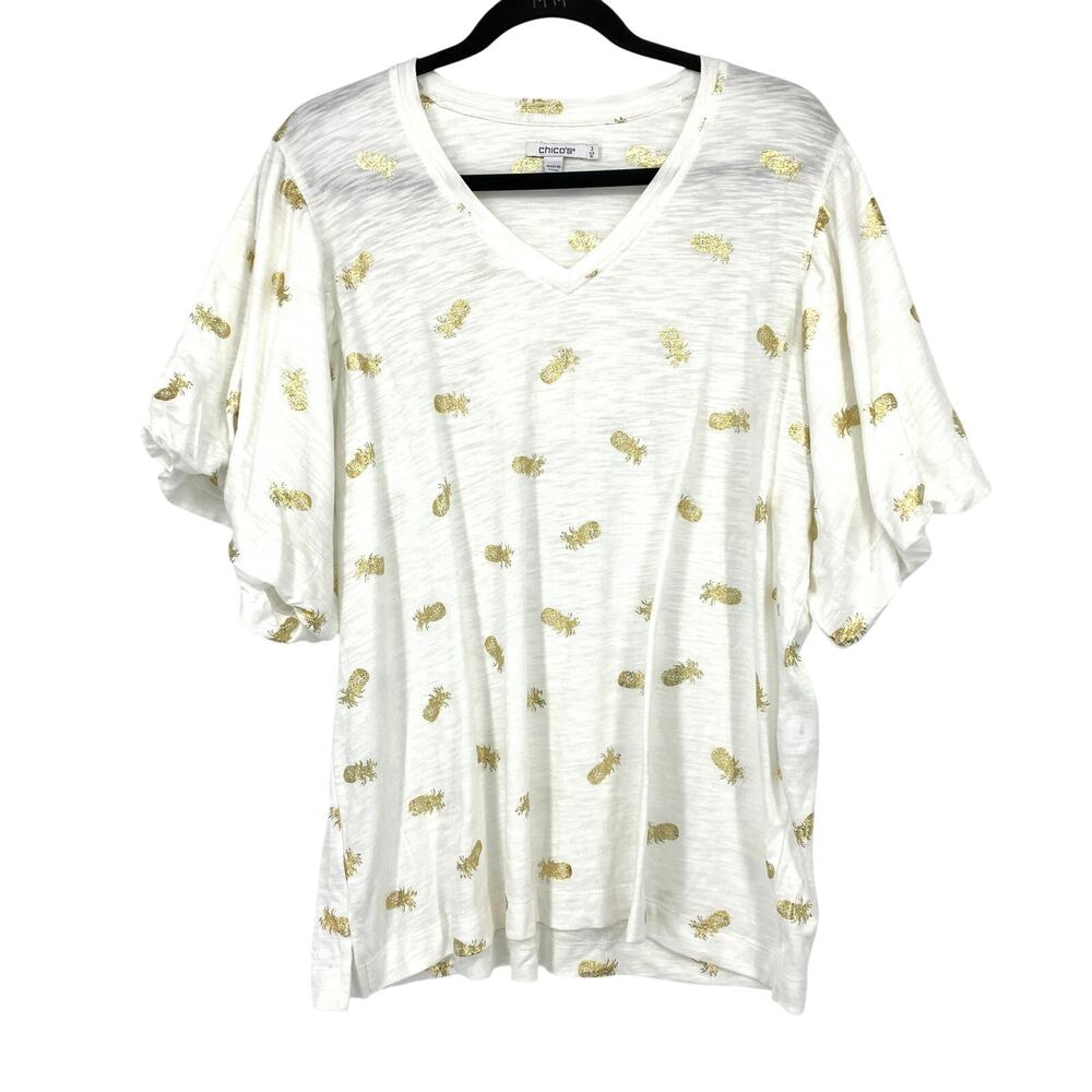 Chicos V-Neck Blouson Sleeve T-Shirt Womens Sz 3 US XL White Gold Pineapples